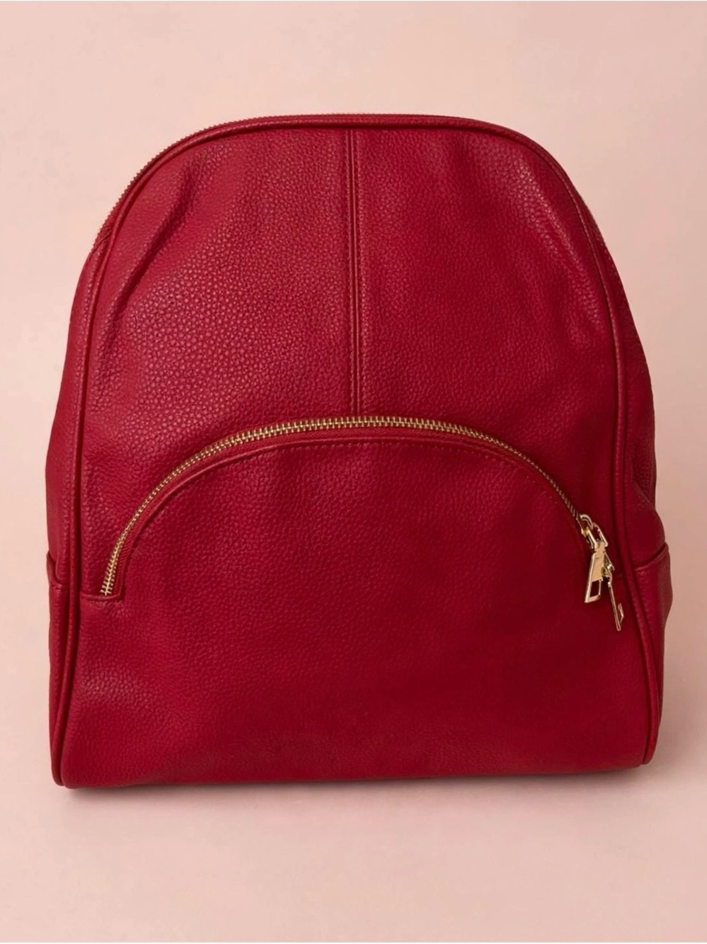 Compact Red Leather Backpack with Gold Hardware